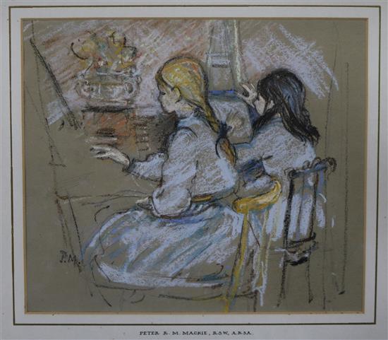 Peter R M Mackie pastel, Girls at easels, initialled 20 x 23cm